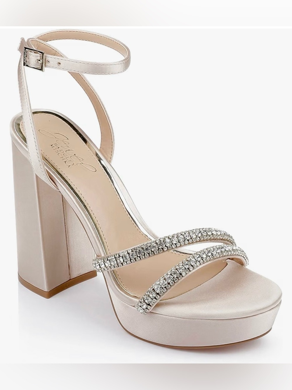 Brand New! Badgley Mischka Pearl Satin Gemstone Strap Platform (Size: 10)